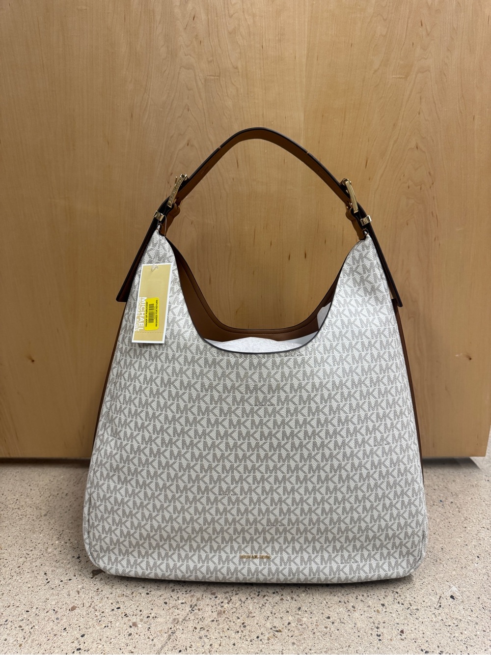 Michael Kors White MK Logo Shoulder Bag with Brown Trim